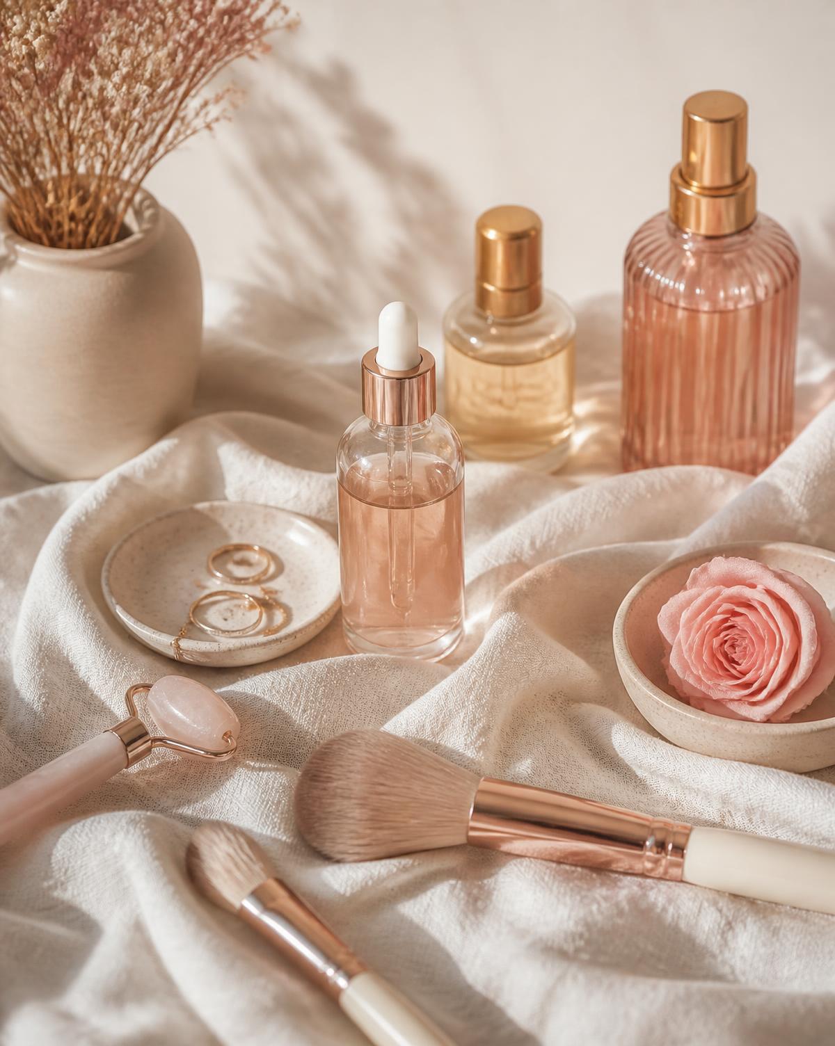 Produtos e acessórios de beleza organizados sobre tecido claro